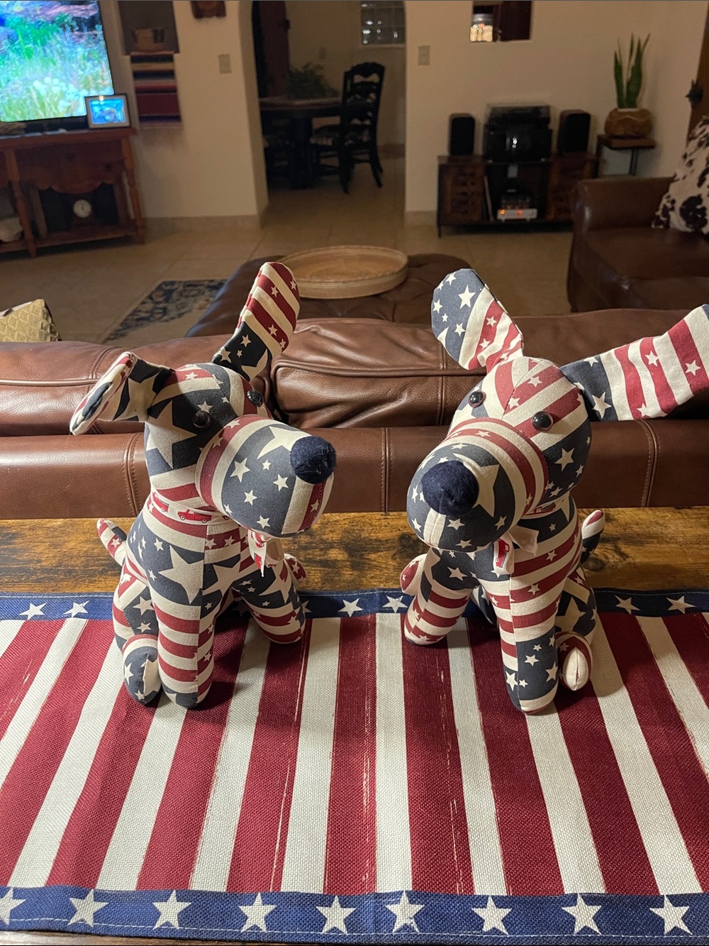 2 fabric patriotic dogs and table runner.  Dogs can also be used as door stops.